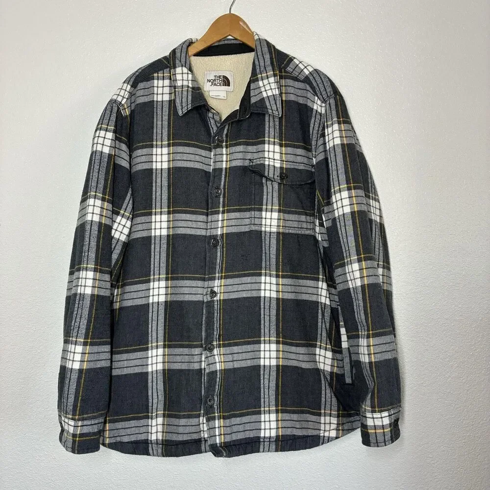 The North Face Jacket Mens 2XL Gray Plaid Sherpa Lined Flannel Shirt Jacket